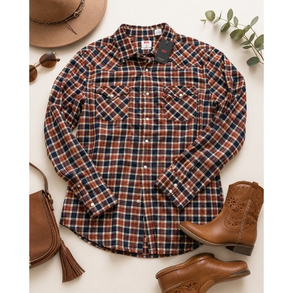 Levi's Other - Levis Mens The Western Standard Fit Plaid Snap Button Shirt XL Burgundy Navy